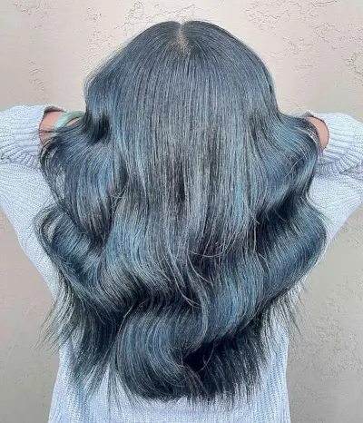 Denim Blue Balayage Highlights for Thick Hair with Mid-Length Cut