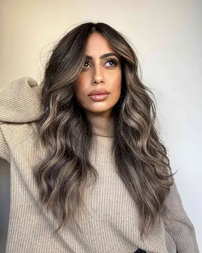 Partial Highlights with Warm Mushroom Brown Balayage Tone for Long Brunette Hair