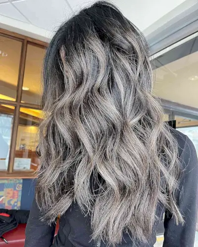Light Mushroom Brown Balayage Highlights on Long Wavy Dark Hair