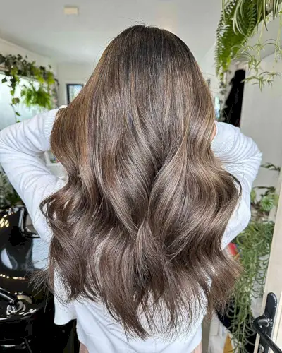 Long Ashy Mushroom Brown Balayage Waves on Darker Hair