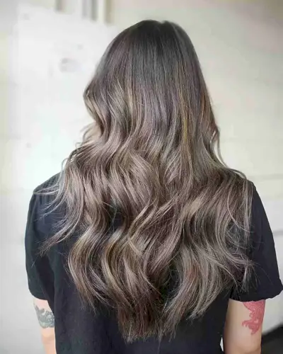 Ash Mushroom Brown Balayage Highlights with Long-Length Wavy Layers