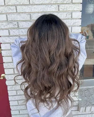 Dark-Rooted Mocha Mushroom Brown Balayage with Waist-Length Wavy Hair