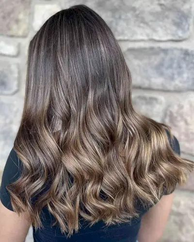 Mid Back-Length Mushroom Brown Balayage Hair with Caramel Drizzle