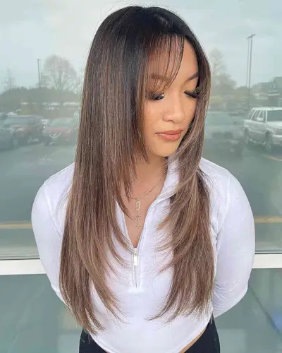 Long Layered Cut with Neutral Mushroom Brown Balayage Color