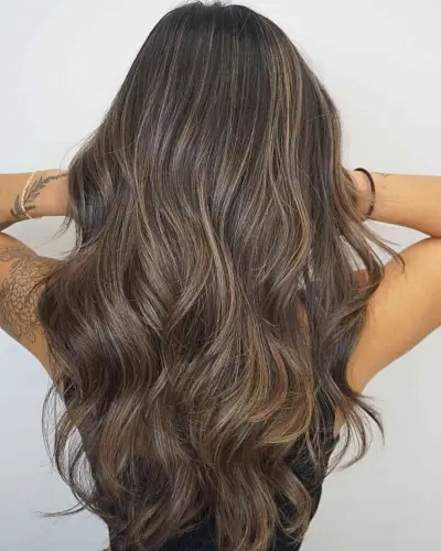 Long Wavy Dark Chocolate Mushroom Brown Balayage Hair with Soft Highlights