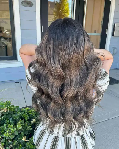 Soft Mushroom Brown Balayage with Long-Length Waves
