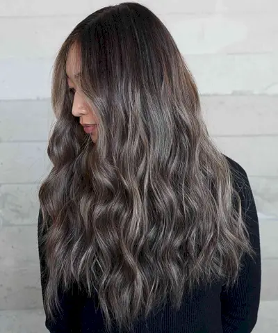 Dimensional Mushroom Brown Balayage on Long Virgin Hair with Choppy Ends