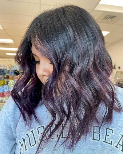 Midnight Purple Balayage Highlights for Black Mid-Length Hair
