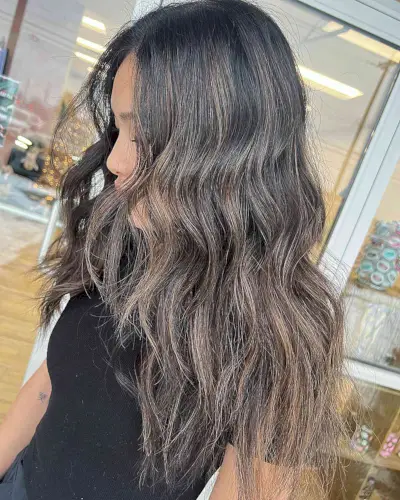 Light Brown Balayage Highlights on Long Black Dark Hair