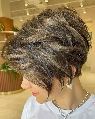 Short Brunette Layered Pixie Bob for women with chin-length hair