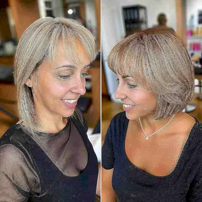 aw-length Sleek Golden Brown Bob with Side-Parted Fringe for a Chic Look