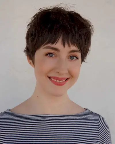 short brown pixie cut with bangs