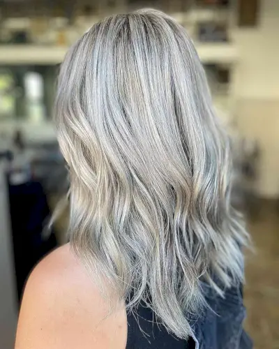 Ashy Grey Icy Tones for Mid-Length Balayage Hair with Soft Layers