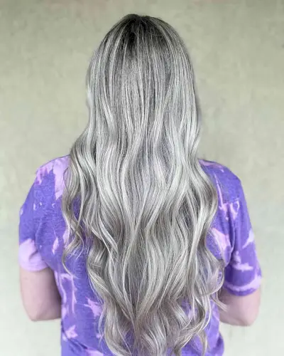 Cool Gray Icy Blonde Balayage Highlights with Root Shadow for Waist-Length Locks