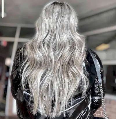 Metallic Icy Silver Blonde Balayage for Long Layered Hair