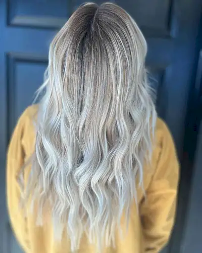Long V-Cut White Icy Blonde Balayage Hair with Root Melt