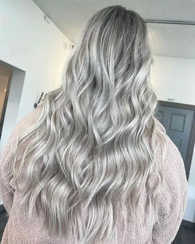 Dirty Silver Icy Blonde Balayage for Very Long Wavy Hair
