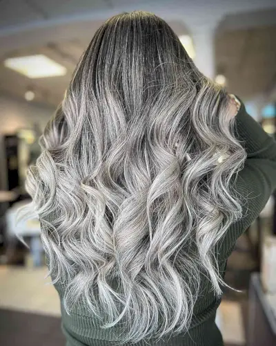Long U-Cut Dark Hair with Smokey Icy Blonde Balayage Hue