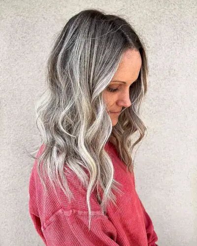 Icy Pearl Blonde Balayage Highlights on Mid-Length Choppy Black Hair