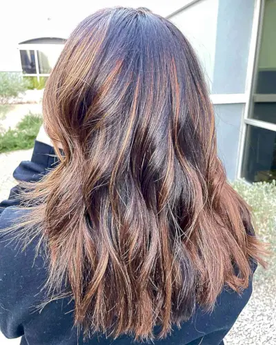 Mid-Length Copper Penny Highlights with Dark Brown Roots