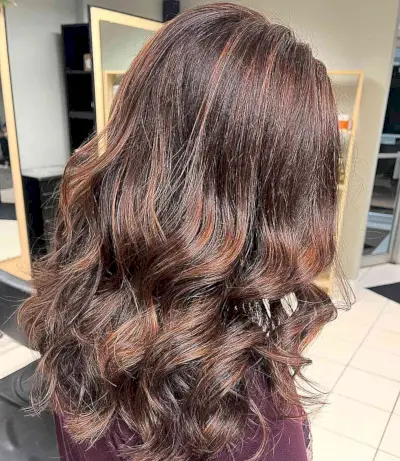 Copper Balayage Highlights on Deep Brunette Hair
