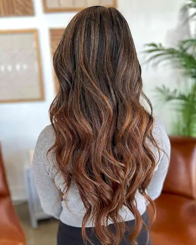 Melted Warm Copper Highlights on Brown Very Long Tresses