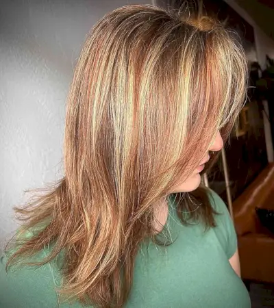 Medium Dimensional Copper Brown Hair with Copper-Blonde Highlights