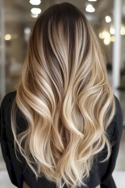 Golden blonde balayage with shadow root on long wavy hair for fall