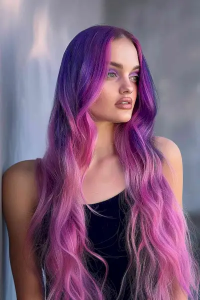 Long Wavy Hair with Gemini-Inspired Purple to Pink Gradient