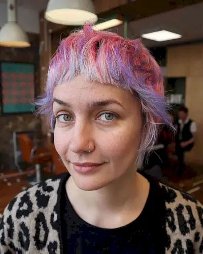 Micro Fringed Short Pink Purple Hair for edgy women in their 30s