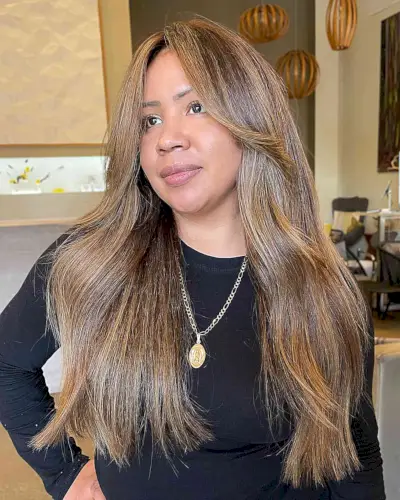 Golden Blonde Highlights for Brunette, Long Hair with Curtain Bangs