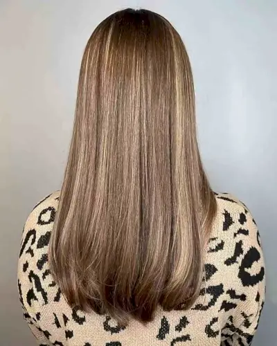 Subtle and Natural Golden Brown with Darker Roots on Straight Hair