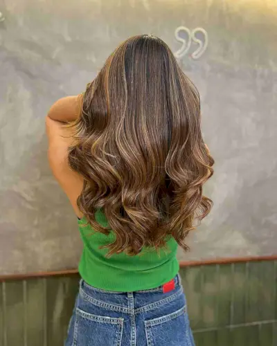 Golden Balayage Highlights on Deep Brown Base for Ladies with Thicker Hair