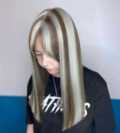 Brown and Platinum Mid-Long Vintage Y2k Striped Hair