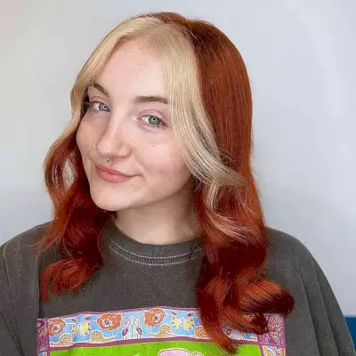 Medium Ginger Spice Hair Color with Y2K Bleached Bangs