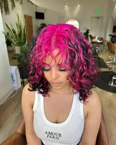 Y2K Neon Pink Shoulder-Length Curly Hair with Black Underneath