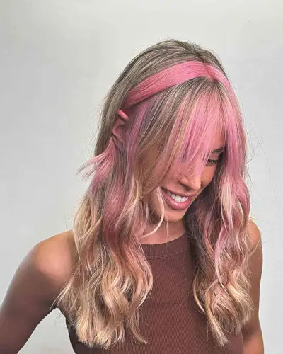 Y2K Light Pink Chunky Highlights and Bangs for Mid-Long Hair