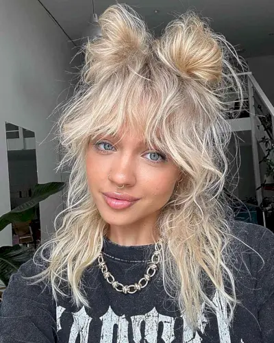 Messy Half-Up Y2K Blonde Space Buns with Bangs for Medium Hair