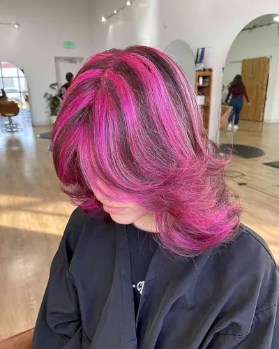 Hot Pink Y2K Chunky Highlights with Mid-Length Vintage Feathery Layers