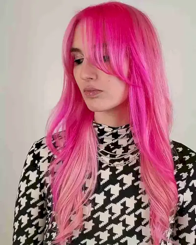 Y2k Long Bright Pink Hair with Long Bangs