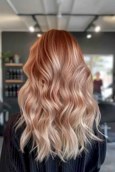 Long layered strawberry blonde to rose cream balayage