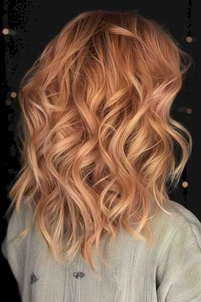 Medium-length wavy hair with peach balayage on strawberry blonde