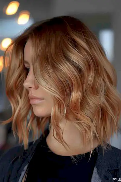 Medium-length strawberry blonde hair with warm caramel waves