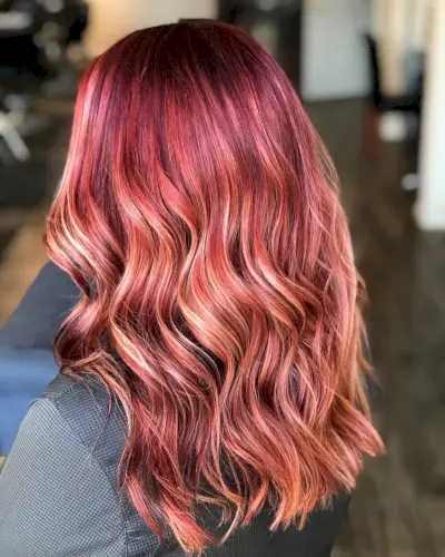 Crimson Red Hair with Blonde Highlights