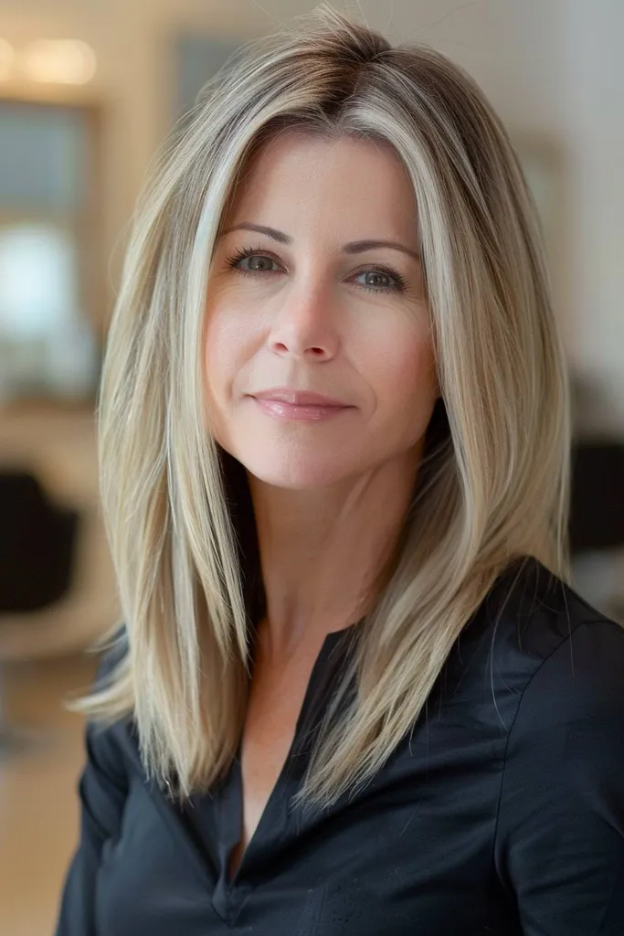 Cabelo loiro de inverno com raízes manchadas' title=