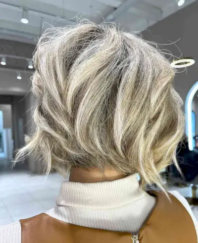Messy Light Blonde Highlighted Stacked Bob Haircut