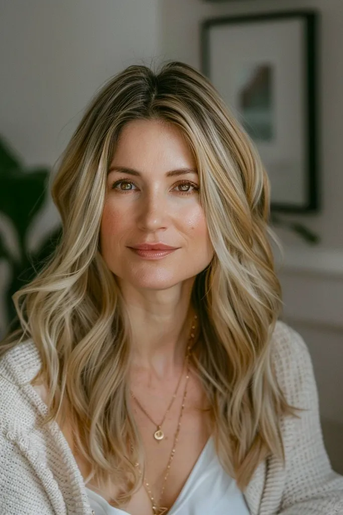 Varmt blondt balayage-hår med bløde bølger' title=