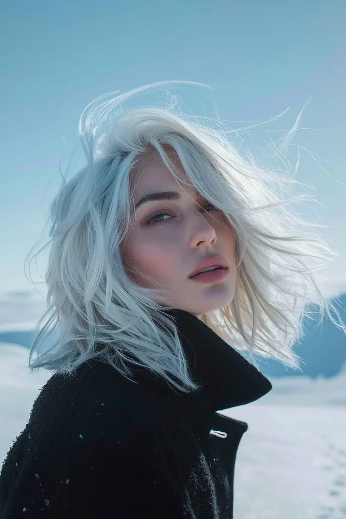 Snehvid bølget lagdelt frisure' title=