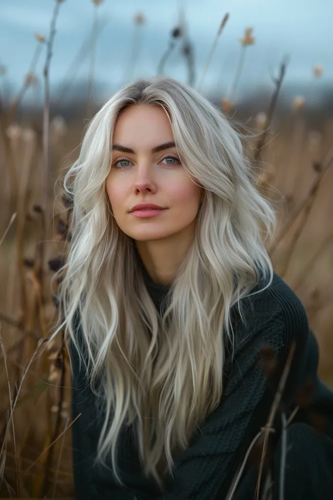 Platinblond bølget lang frisure' title=