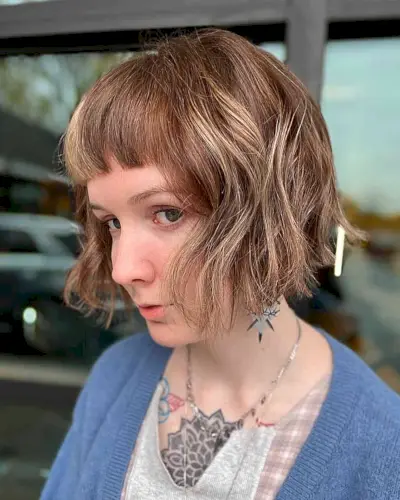 Bronde Balayage on Wavy Choppy Bob with Micro Bangs